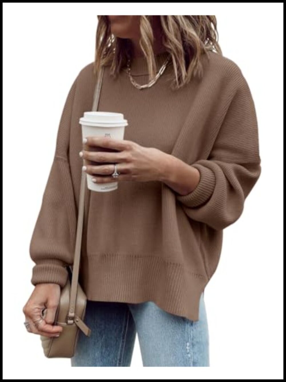 Oversized Slouchy Crew Neck Sweater with Side Slits Ribbed Knit Long Sleeve